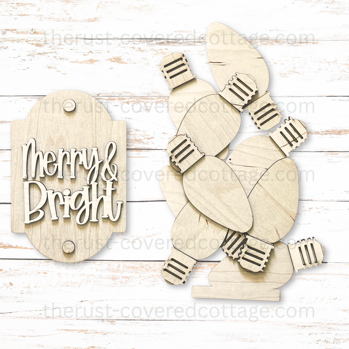 Merry & Bright Porch Leaner Insert unfinished DIY wood kit with oversized Christmas light bulbs