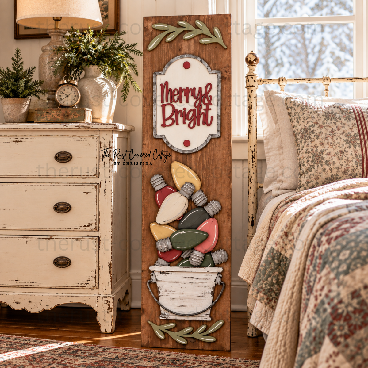 Finished Merry & Bright Porch Leaner Insert with colorful Christmas light bulbs and greenery