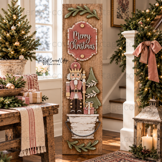 Finished Merry Christmas Porch Leaner Insert with Nutcracker Christmas tree gift and greenery