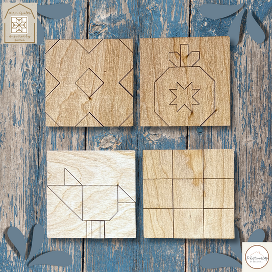 Mini Barn Quilt Block Set – Nine Patch, Pumpkin, Crow & Sunflower (4 pc)