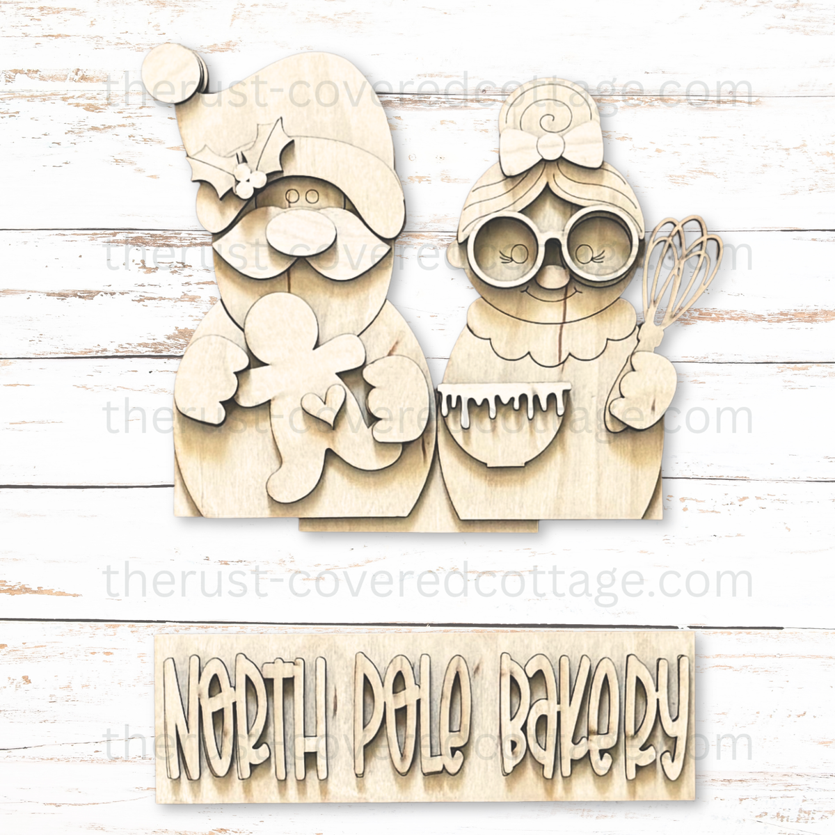 North Pole Bakery Insert unfinished DIY wood kit with Santa Mrs Claus gingerbread man mixing bowl whisk and word strip