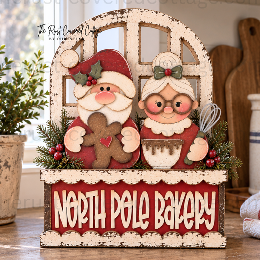 North Pole Bakery Insert displayed in Cottage Window Box with Santa Mrs Claus gingerbread man and Christmas baking details