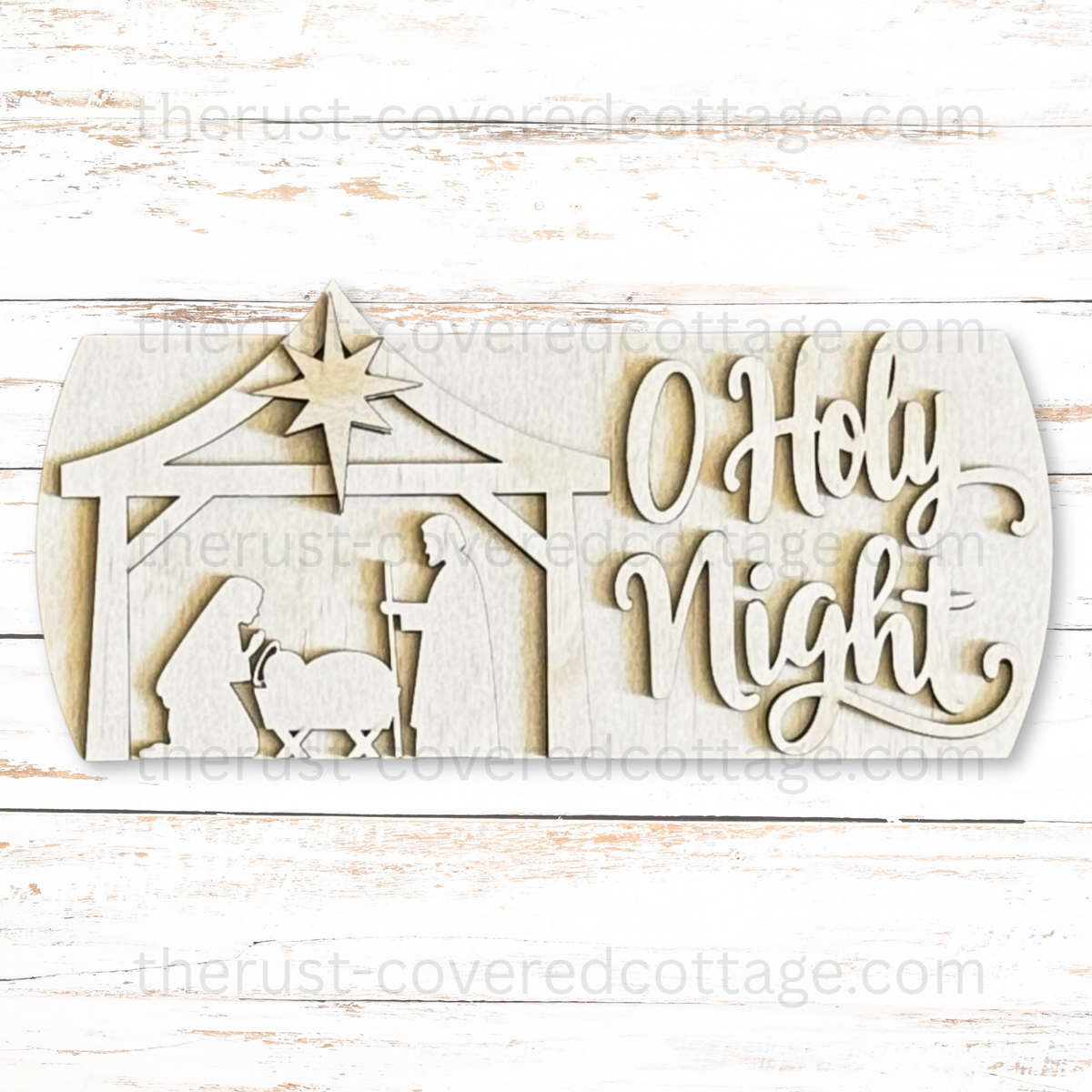 Unfinished O Holy Night Interchangeable Round Insert with a nativity scene beneath a stable roof and large star beside flowing script lettering.