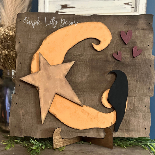 Primitive Moon & Star unfinished DIY wood kit featuring a moon, star, crow, hearts, and rustic fence design.