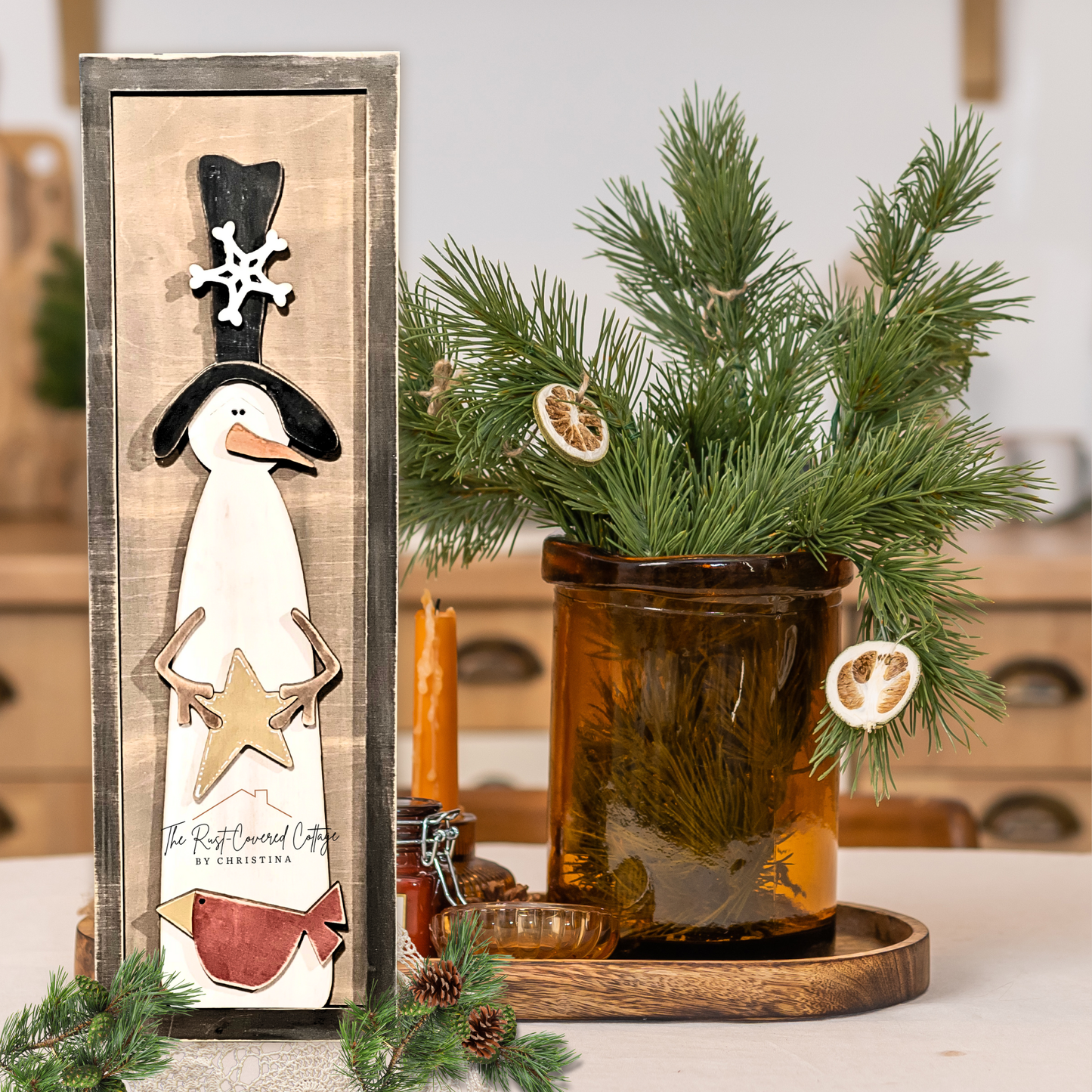 Primitive Snowman with Star DIY Wood Kit | 16" x 5" Laser Cut Birch Winter Craft