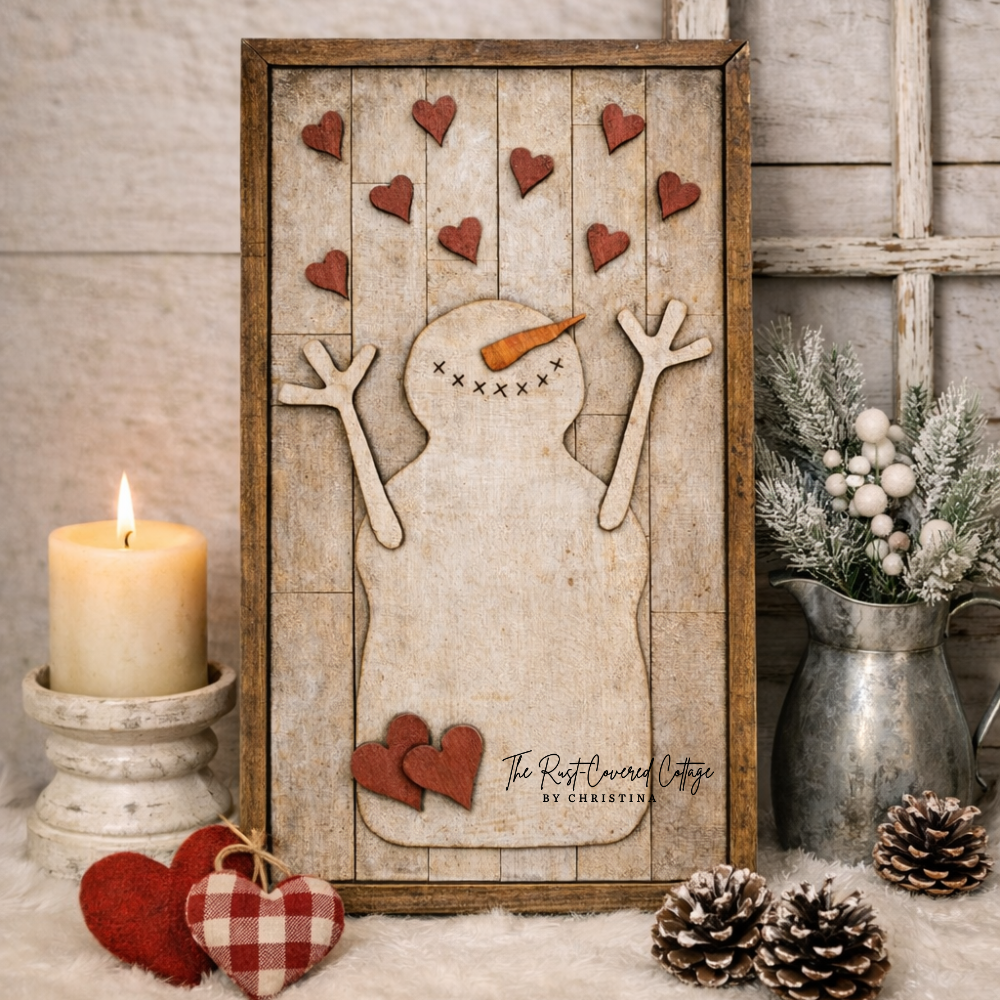 Raining Hearts Snowman DIY Wood Kit | 16” x 9.5”, Laser Cut Birch