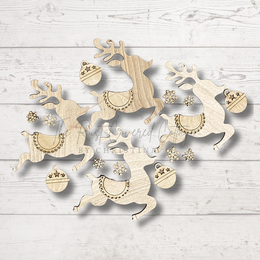 Set of 4 Reindeer Ornaments | Laser Cut Birch Wood