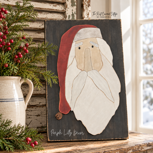 Rustic Santa Sign displayed on a worn wood cabinet with evergreen greenery, red berries, vintage crock, shutter, and salvaged architectural wood.