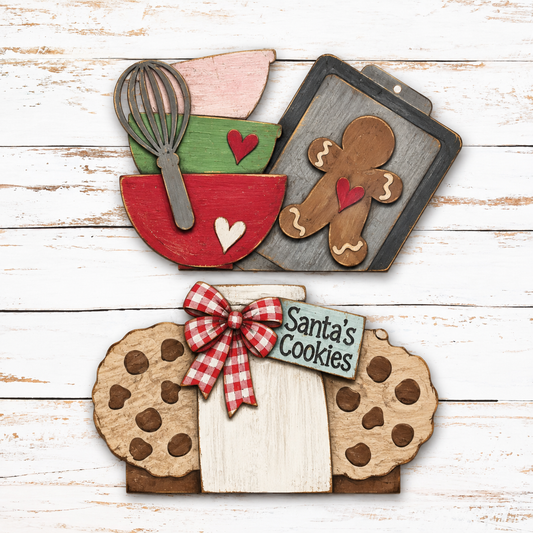 Finished Santa's Cookies Cottage Drawer Insert with mixing bowls gingerbread milk and chocolate chip cookies