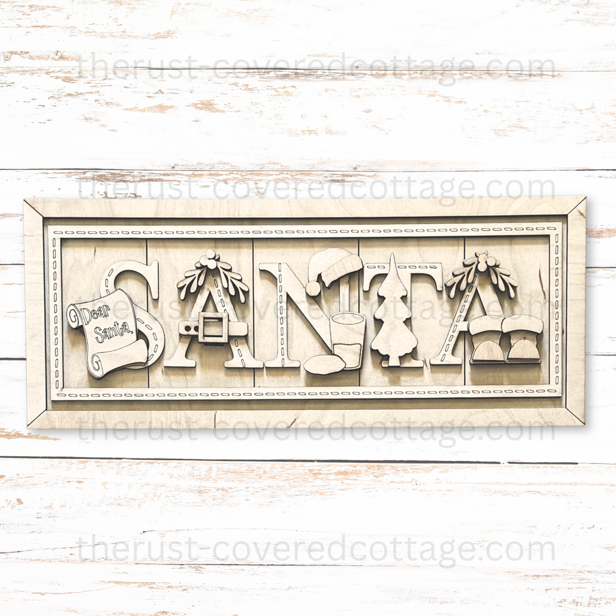 Unfinished Santa Stitched Sign wood kit with SANTA letters, decorative stitch details, Santa hat, boots, Dear Santa scroll, tree, milk and cookie.