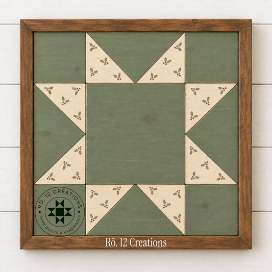Finished Sawtooth Star Classic Quilt Block by Rō.12 Creations in green and cream with holly accents