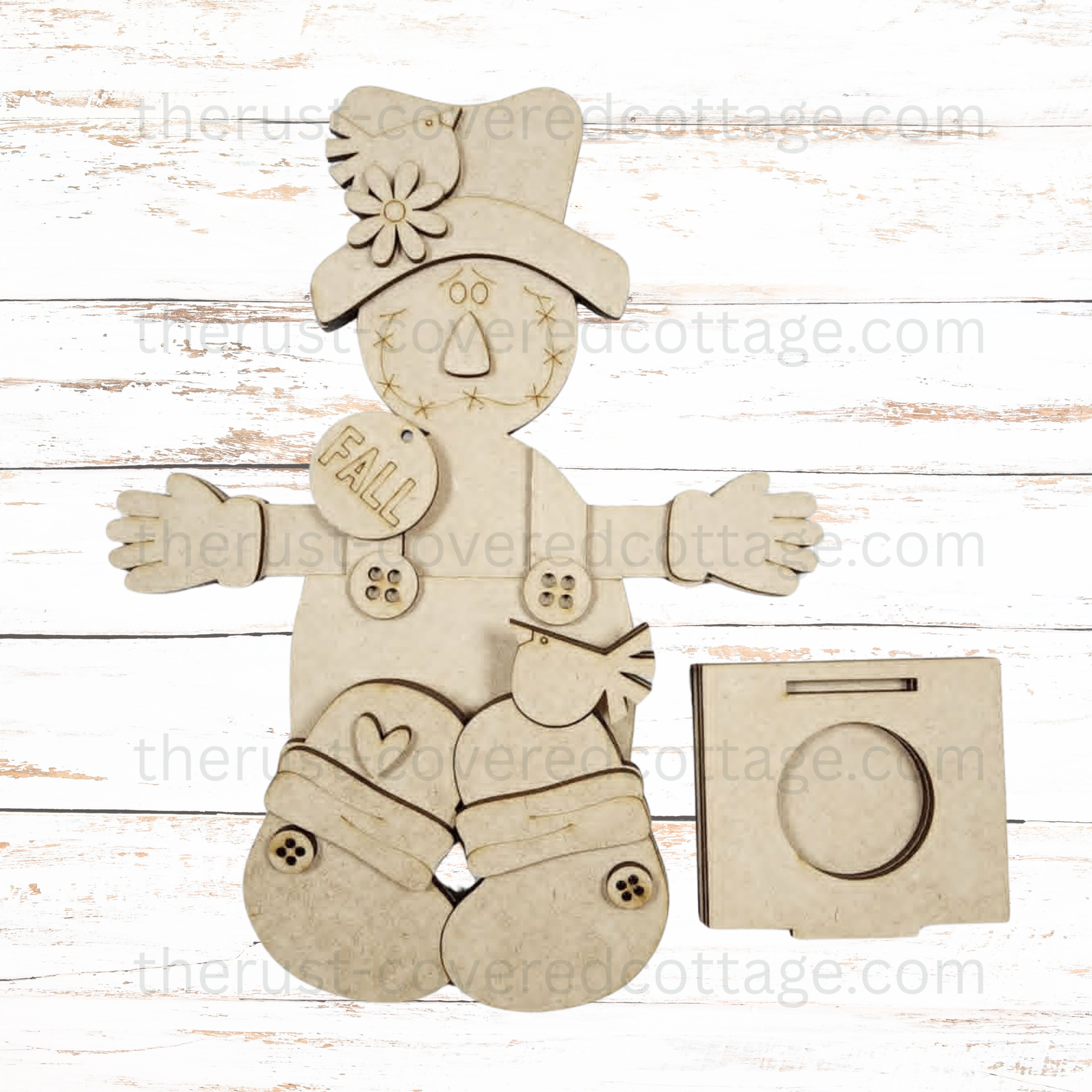Scarecrow Votive Shelf Sitter unfinished multi-layered DIY wood kit with a slotted holder for a battery-operated LED votive