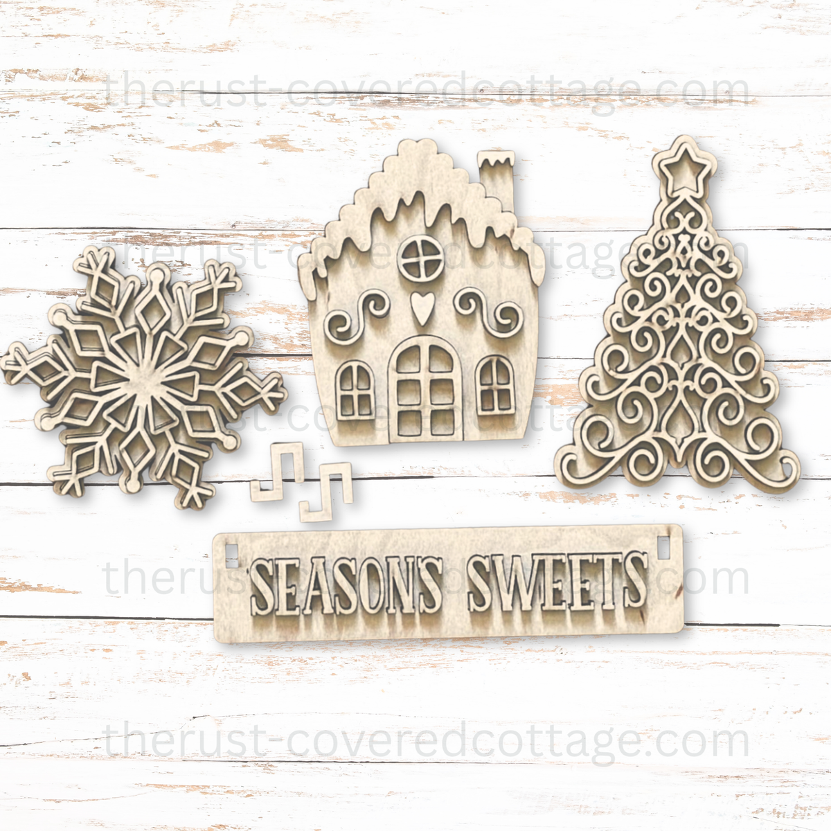 Seasons Sweets Insert unfinished DIY wood kit with gingerbread house Christmas tree snowflake and sign pieces