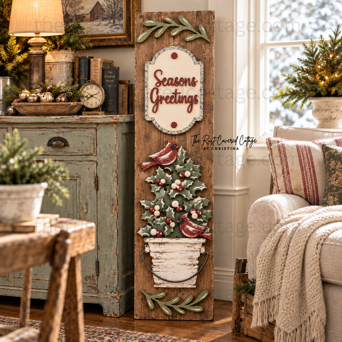 Finished Seasons Greetings Porch Leaner Insert with cardinals holly berries and greenery