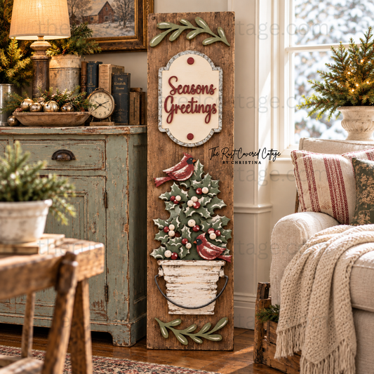 Finished Seasons Greetings Porch Leaner Insert with cardinals holly berries and greenery