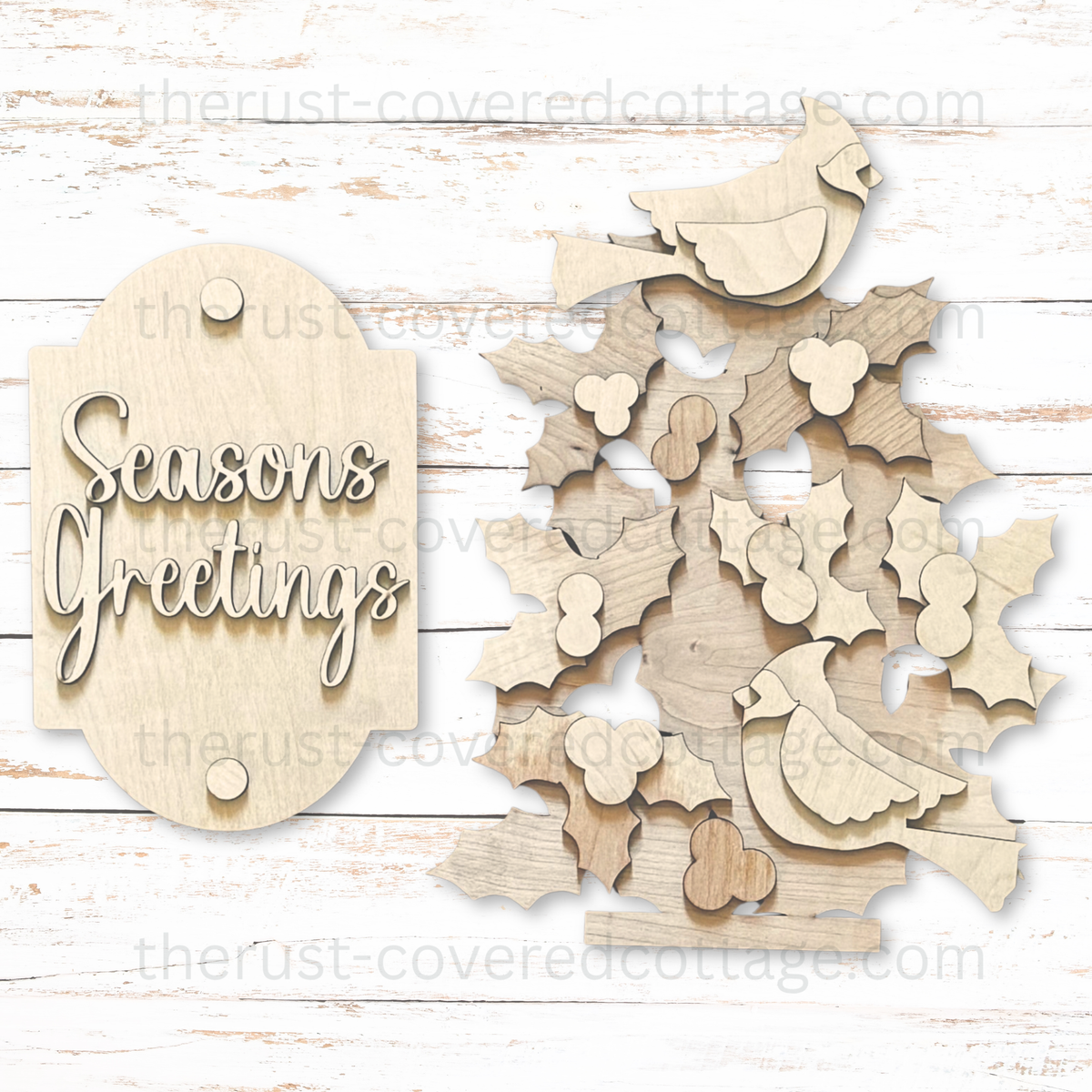 Seasons Greetings Porch Leaner Insert unfinished Christmas DIY wood kit with cardinals and holly