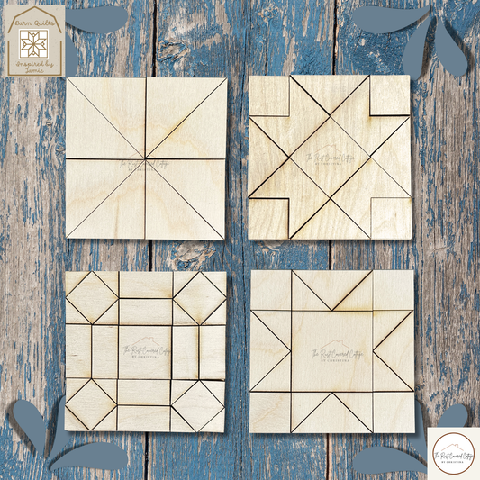 Mini Barn Quilt Block Set | Pinwheel, Ribbon Star, Sawtooth Star & Single Wedding Star