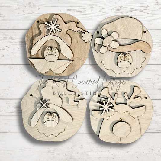 Whimsical Holiday Ornament Set | Snowman, Santa, Reindeer, & Snowball | Laser-Cut Wood Decorations