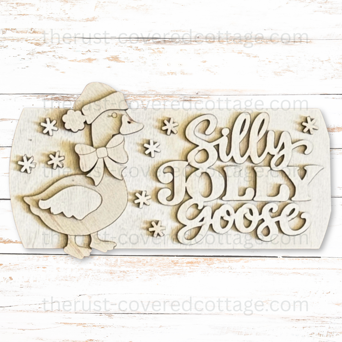 Unfinished Silly Jolly Goose Interchangeable Round Insert with a goose wearing a Santa hat and large bow beside lettering and snowflake accents.