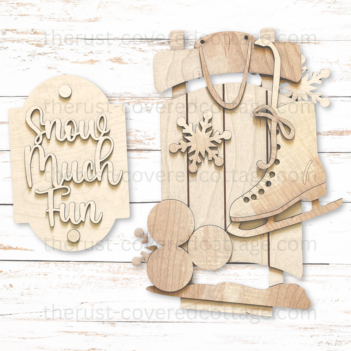 Snow Much Fun Porch Leaner Insert unfinished DIY wood kit with ice skates snowflakes and snowballs