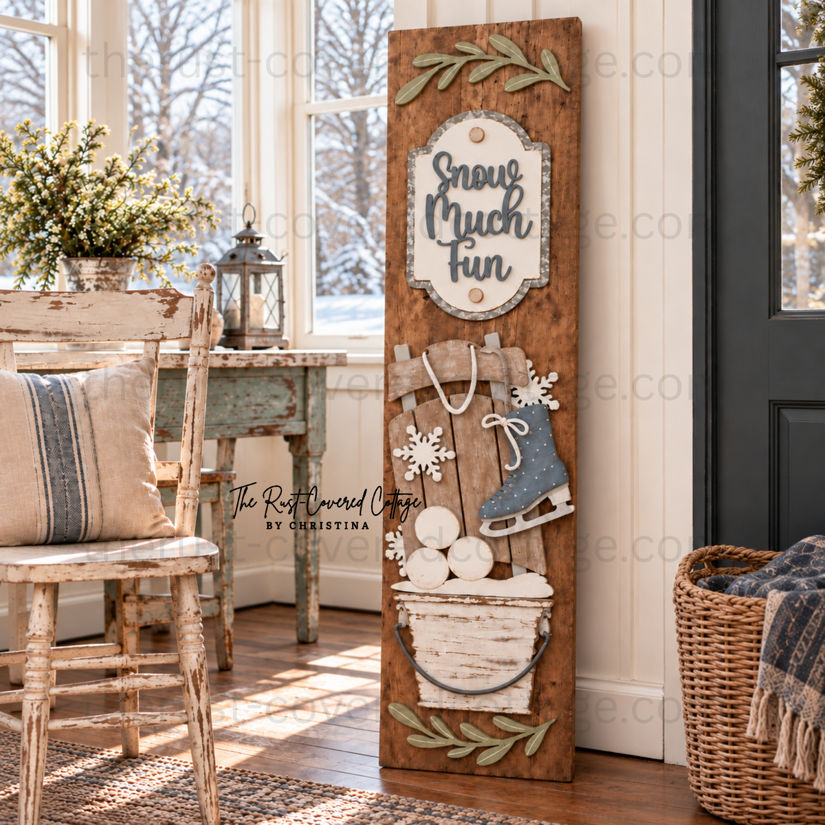 Finished Snow Much Fun Porch Leaner Insert with ice skates snowflakes snowballs and greenery