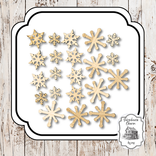 Snowflake Embellishment Bundle – 21 Laser Cut Wood Snowflakes, Farmhouse DIY Craft Kit