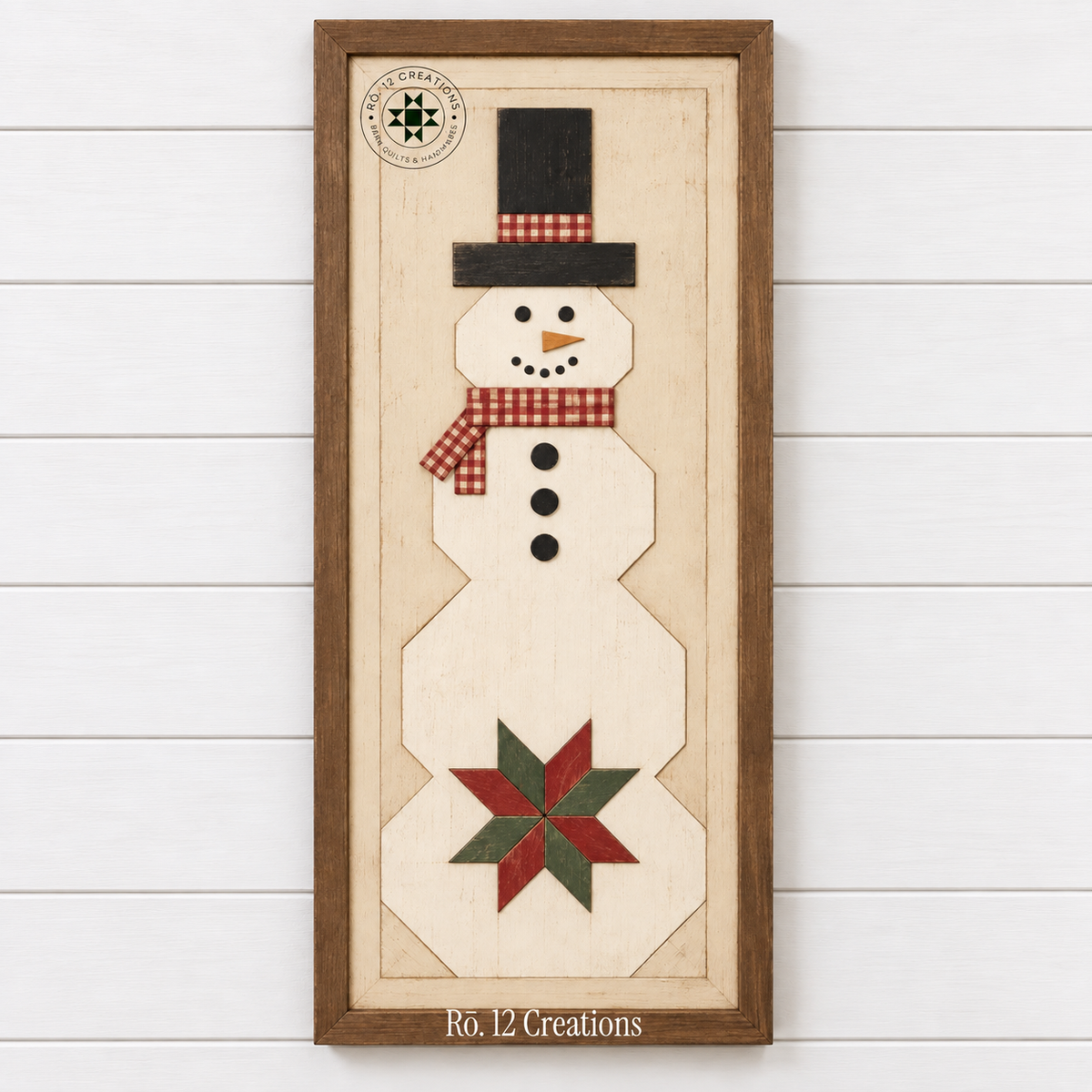 Finished Snowman Quilt Block by Rō.12 Creations with top hat scarf and quilt star