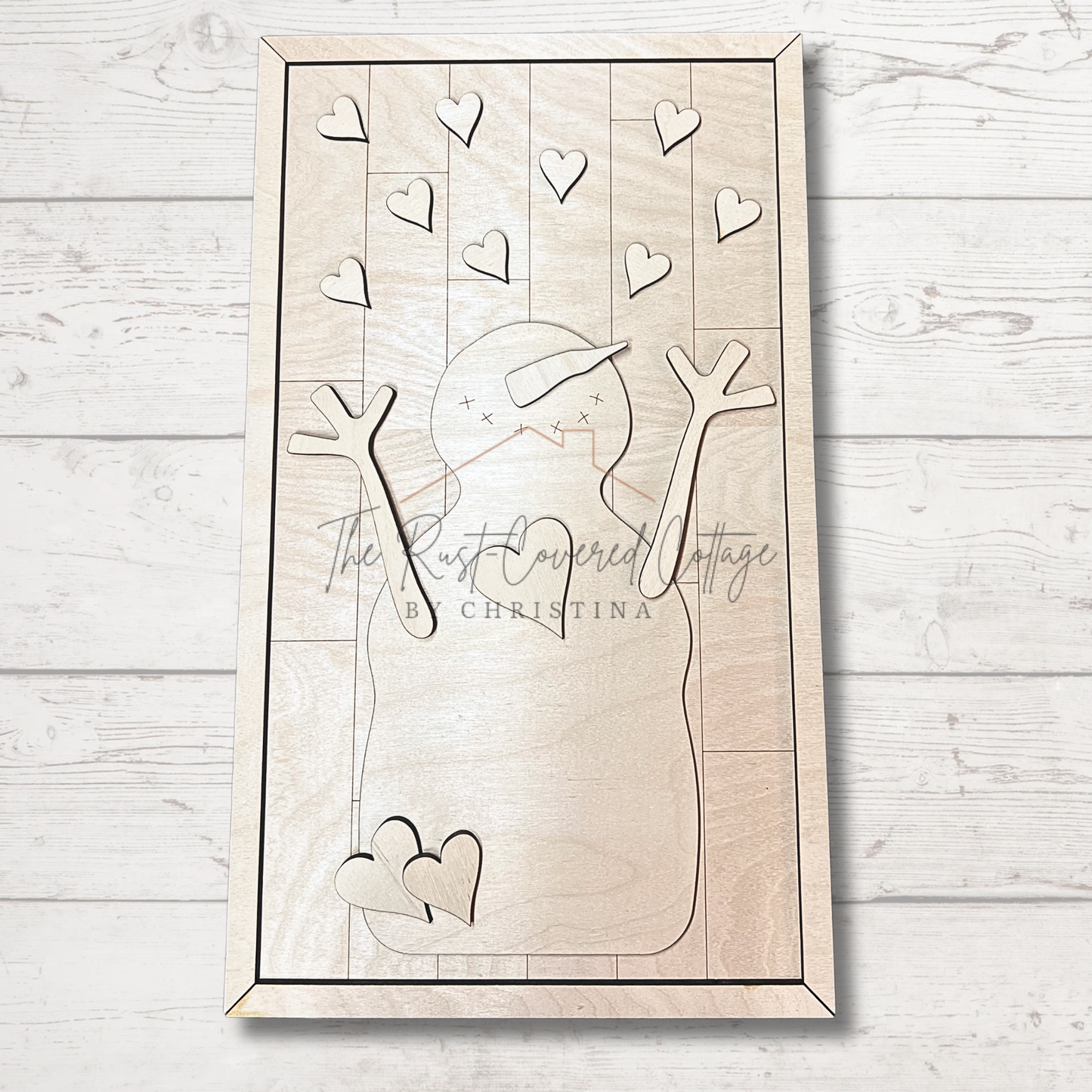 Raining Hearts Snowman DIY Wood Kit | 16” x 9.5”, Laser Cut Birch