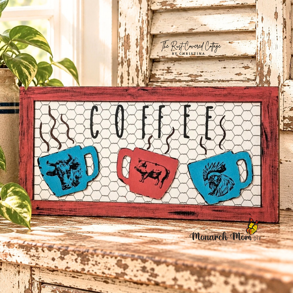 Stacked Cups coffee sign featuring three colorful animal-themed mugs displayed on worn wood with chippy white architectural decor and warm natural light.