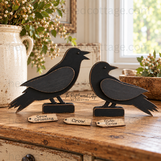 Finished Standing Crows Set of 2 painted black with layered wings, bases and three word signs on a rustic wooden tabletop.