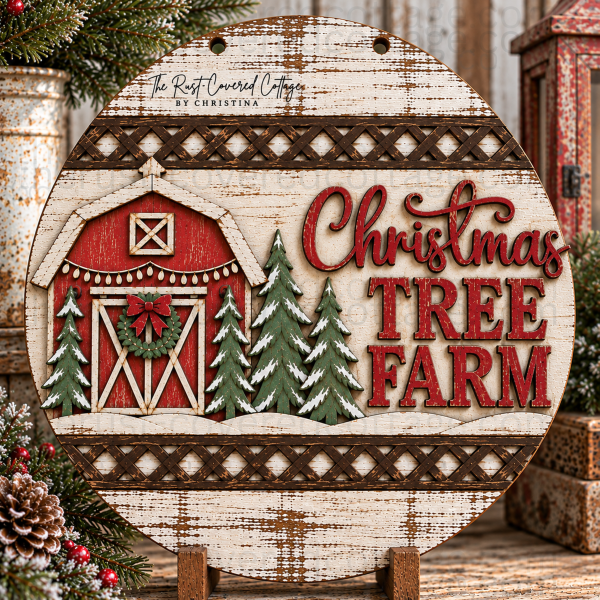 Styled preview of the Christmas Tree Farm Insert option for the Interchangeable Round Starter Set. Finished colors are for inspiration.