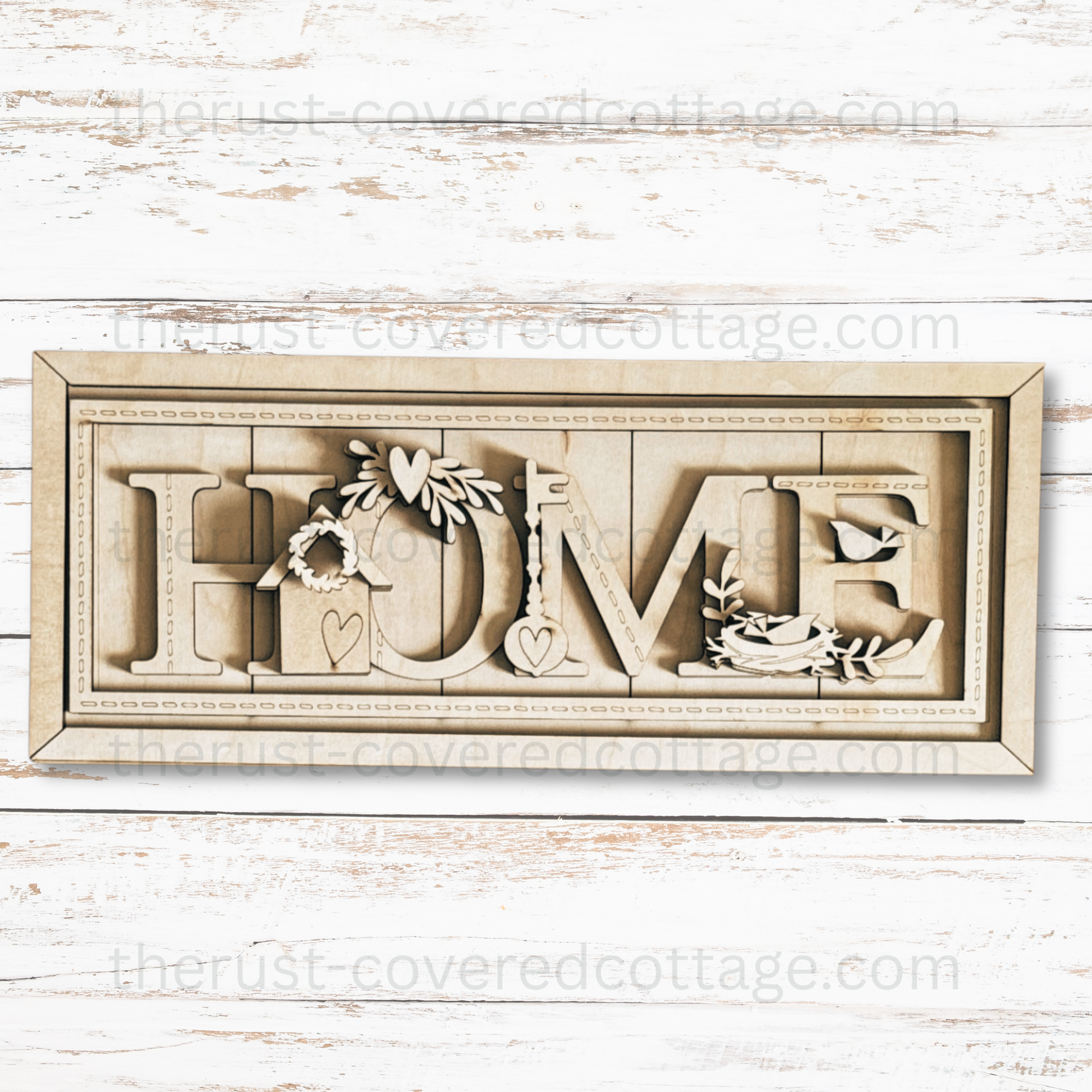 Unfinished Stitched Home Sign multi-layered DIY wood kit featuring HOME lettering, a birdhouse, sewing machine, birds and stitched details