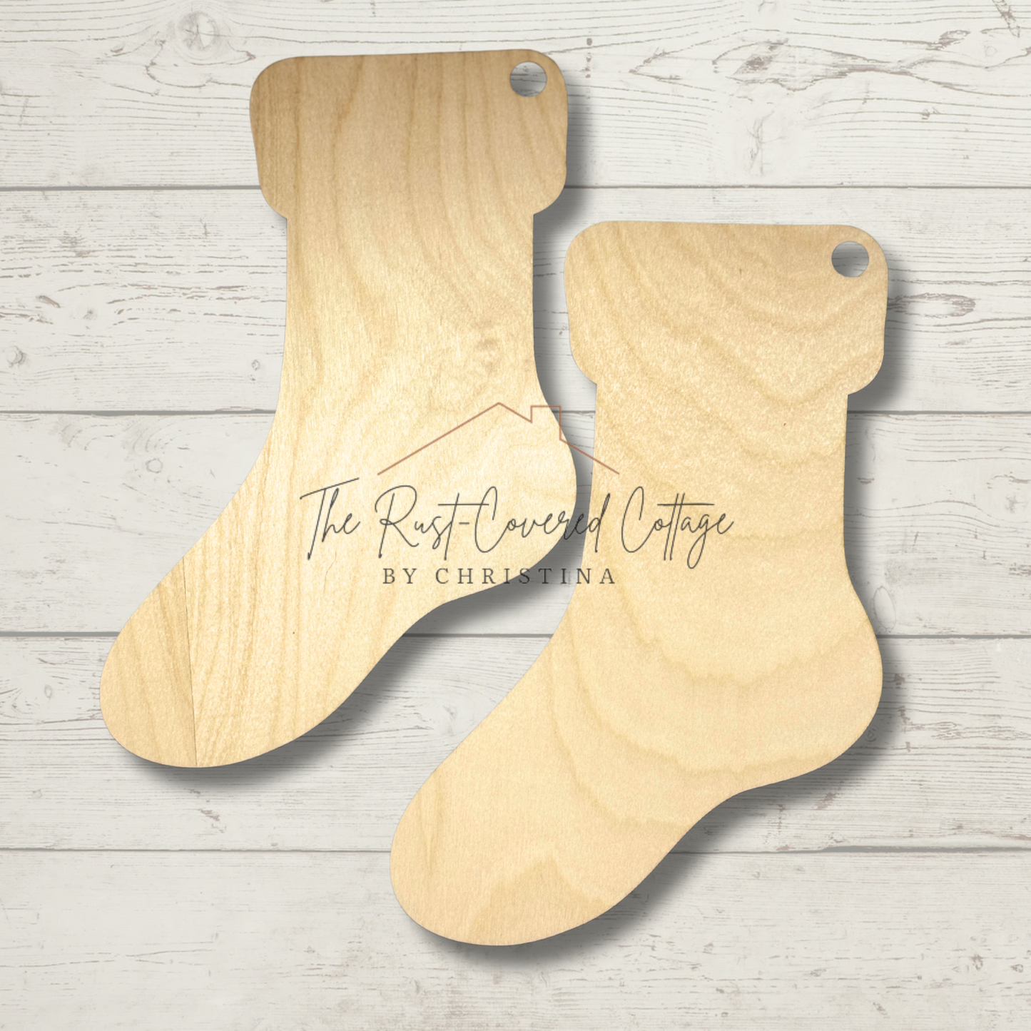 Set of 2 Large Wooden Christmas Stockings - 10"x6.5" Laser-Cut Birch