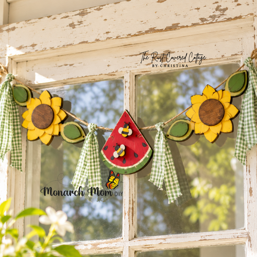 **Summer garland featuring layered sunflowers, watermelon with bee accents, green leaves, and gingham fabric ties displayed across a chippy white window in bright natural light.**
