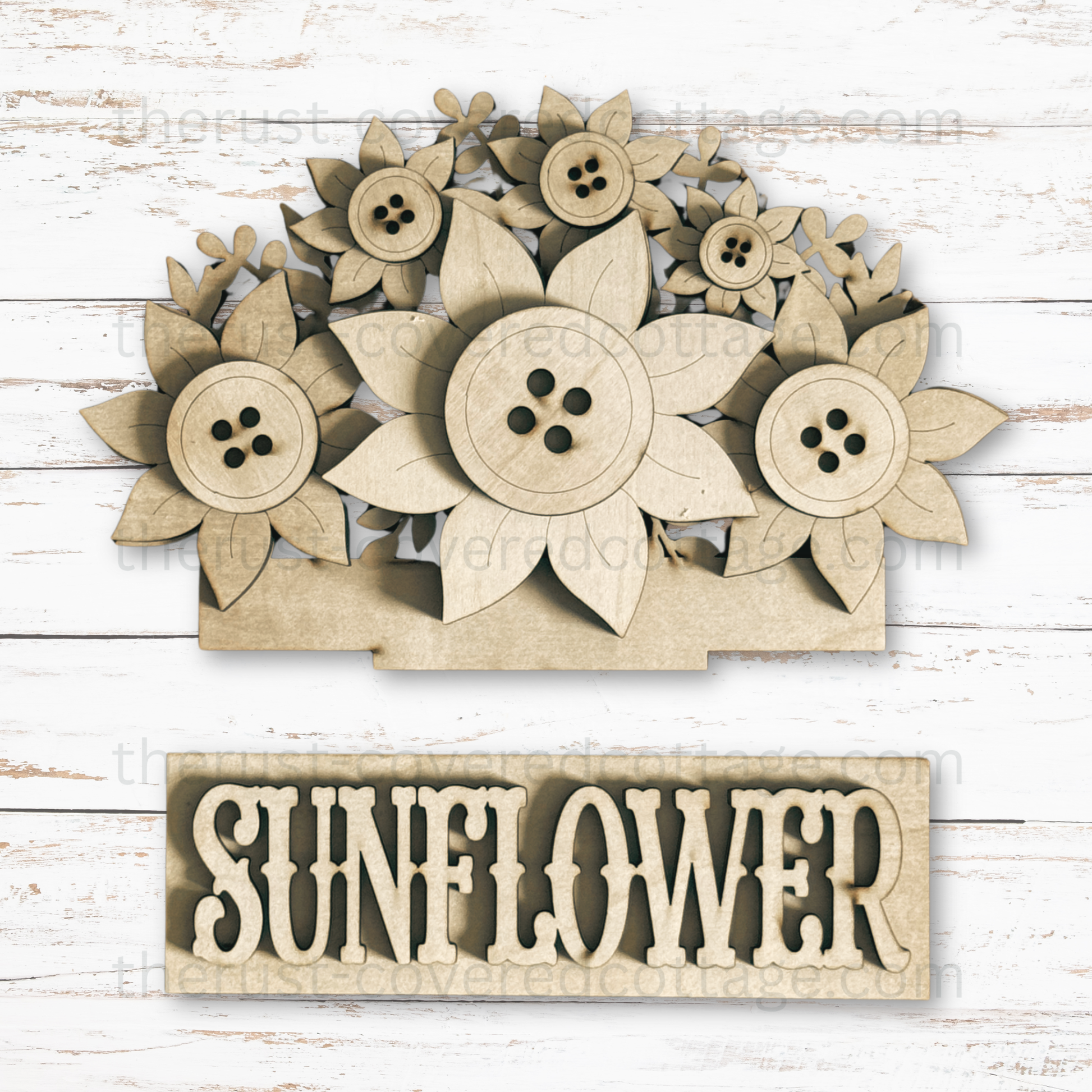 Unfinished Sunflower Window Box Insert DIY wood kit featuring layered sunflowers with button-style centers, leaves and a coordinating word strip