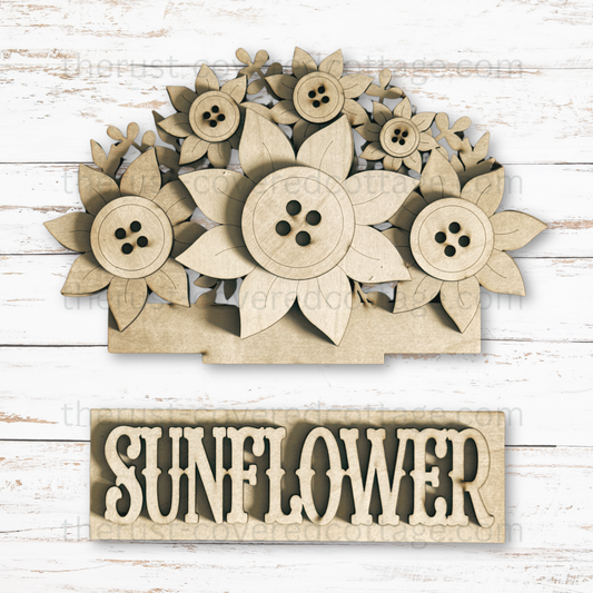 Unfinished Sunflower Window Box Insert DIY wood kit featuring layered sunflowers with button-style centers, leaves and a coordinating word strip