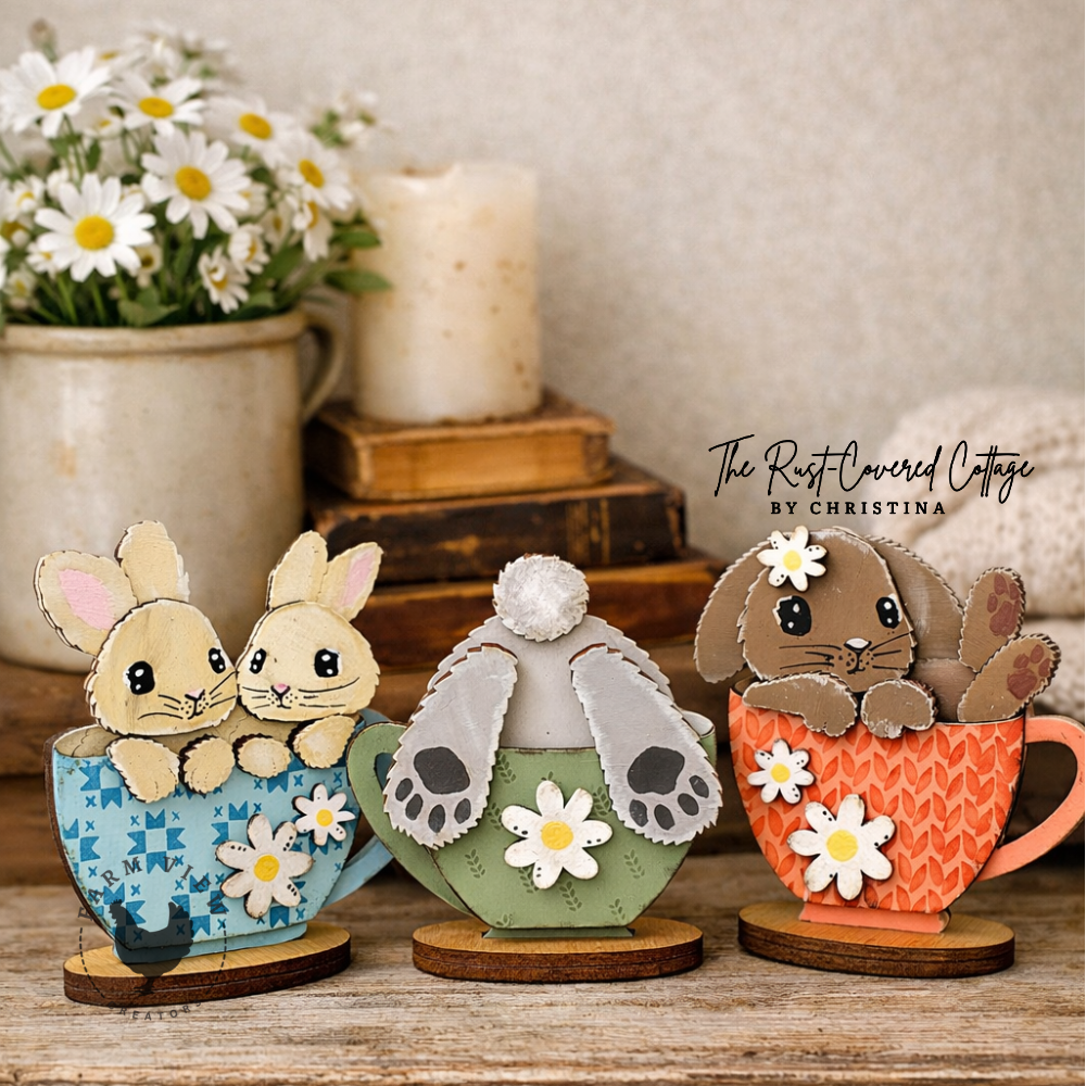 Tea Cup Bunnies Wood Kit | Set of 3 | Laser Cut DIY Spring Decor