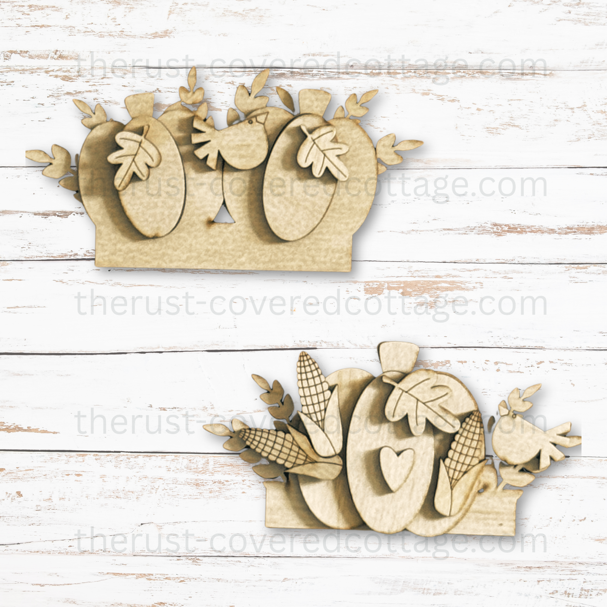 Unfinished Thanksgiving Cottage Drawer Insert DIY wood kit featuring layered pumpkins, turkeys, corn, oak leaves and harvest foliage
