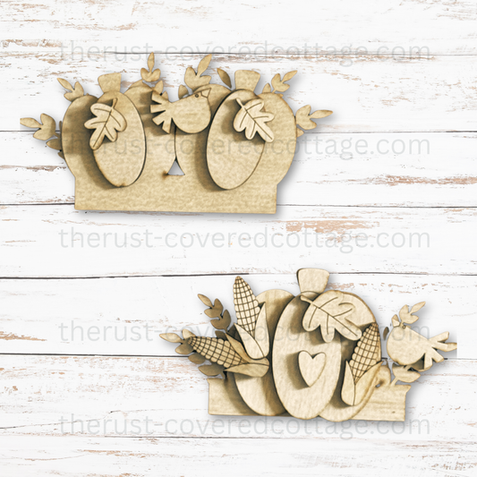 Unfinished Thanksgiving Cottage Drawer Insert DIY wood kit featuring layered pumpkins, turkeys, corn, oak leaves and harvest foliage
