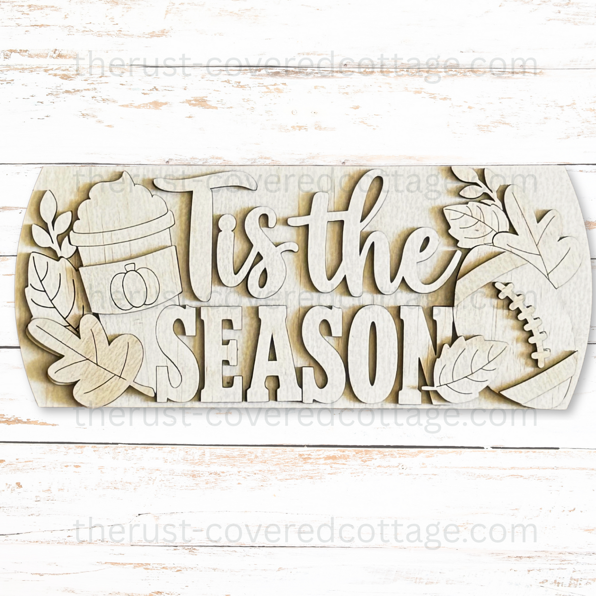 Unfinished Tis the Season Interchangeable Round Insert with a pumpkin-emblem drink cup, football, fall leaves, and mixed script and block lettering.