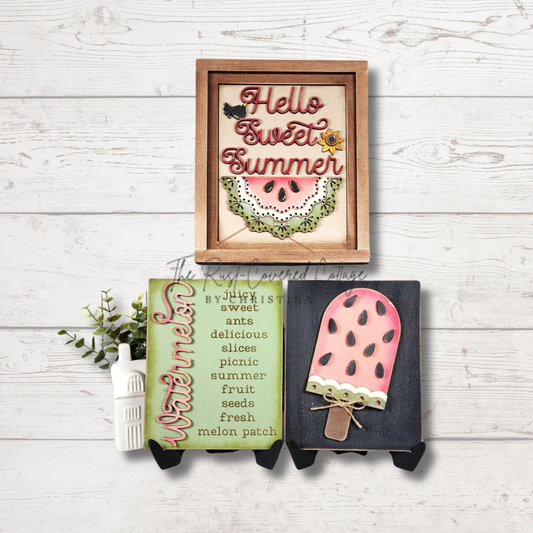 Watermelon Sign Trio DIY Kit – Summer Tiered Tray Decor | 1/4" Birch Wood with Interchangeable Frame & Easels