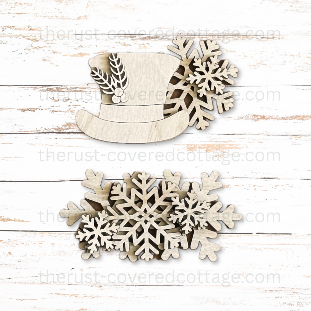 Winter Cottage Drawer Insert unfinished DIY wood kit with top hat greenery berries and layered snowflakes