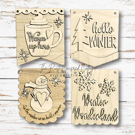 Winter Mini Signs | DIY Wood Craft Kit | Banner, Easel, or Post Sign Decor – Set of 4