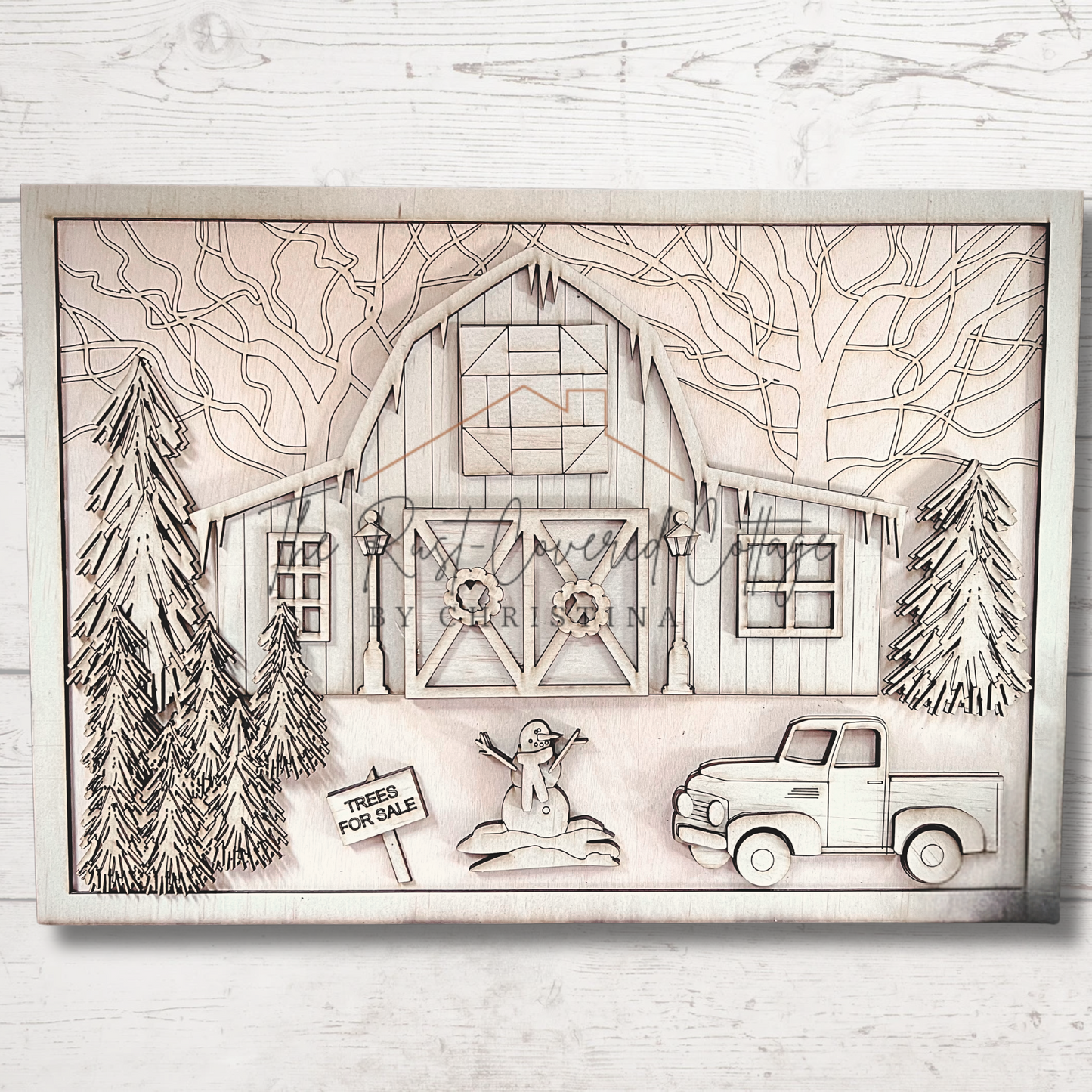 Winter Barn Scene DIY Wood Kit | Unfinished Laser Cut Decor