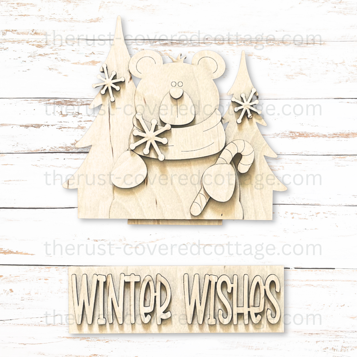 Winter Wishes Insert unfinished DIY wood kit with mouse evergreen trees snowflakes candy cane and word strip