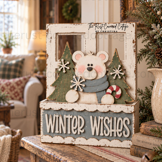 Winter Wishes Insert displayed in Cottage Window Box with bundled-up mouse evergreen trees snowflakes and candy cane