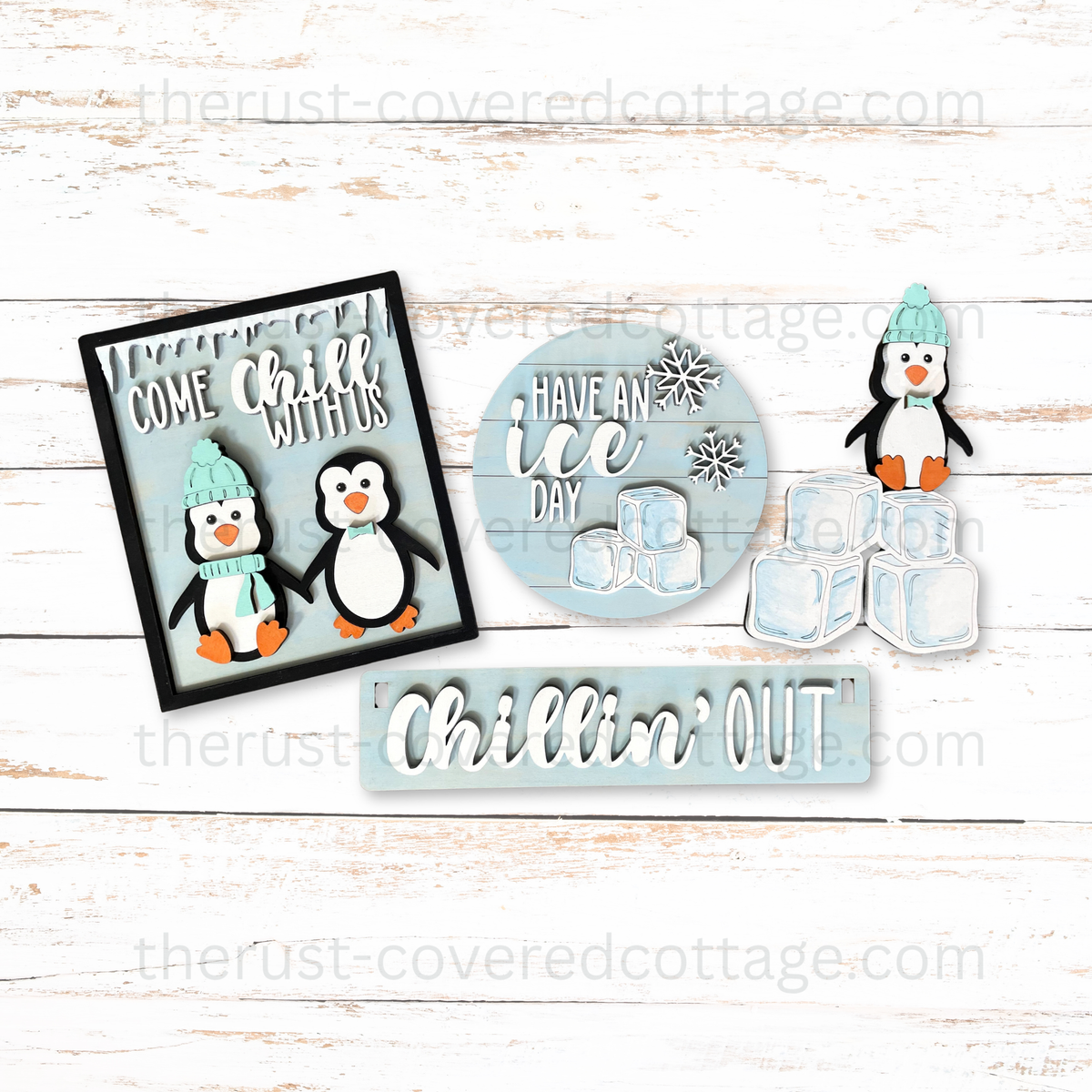 Finished Chillin' Out Insert with three penguins winter signs snowflakes and ice accents