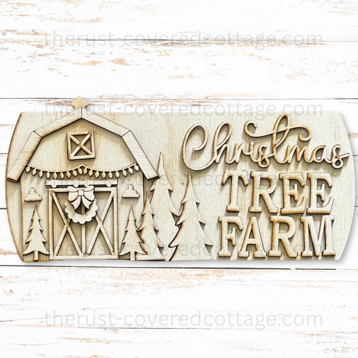 Unfinished Christmas Tree Farm Interchangeable Round Insert with a decorated barn, evergreen trees, and layered lettering.