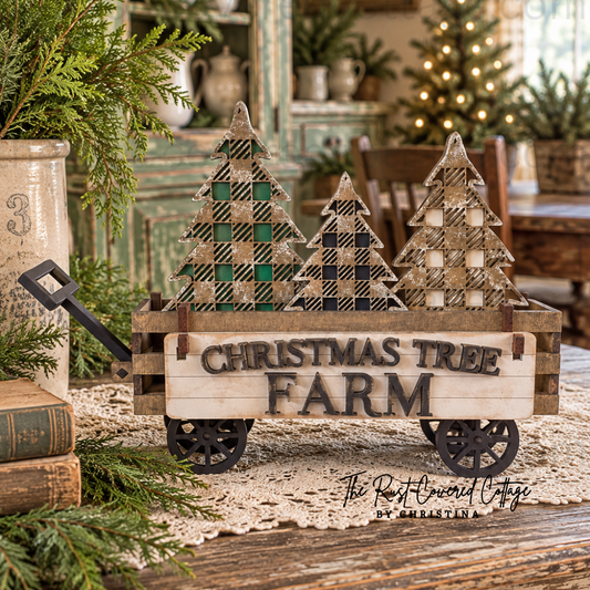 Christmas Tree Farm Insert displayed in Interchangeable Wagon Base with three plaid Christmas trees