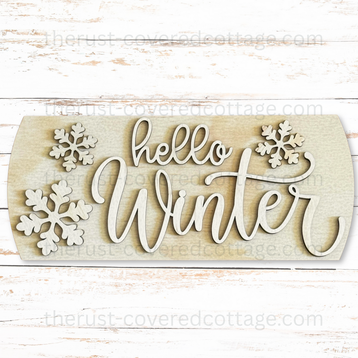 Unfinished Hello Winter Interchangeable Round Insert with flowing lettering and three snowflakes.